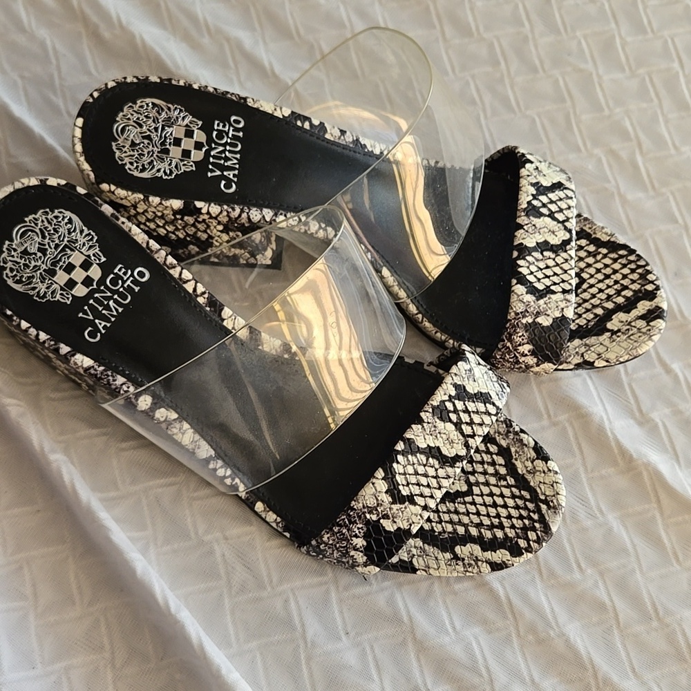 Vince Camuto Clear Strap Snake Print Block Heel Sandals - Black & White - Picture 8 of 8